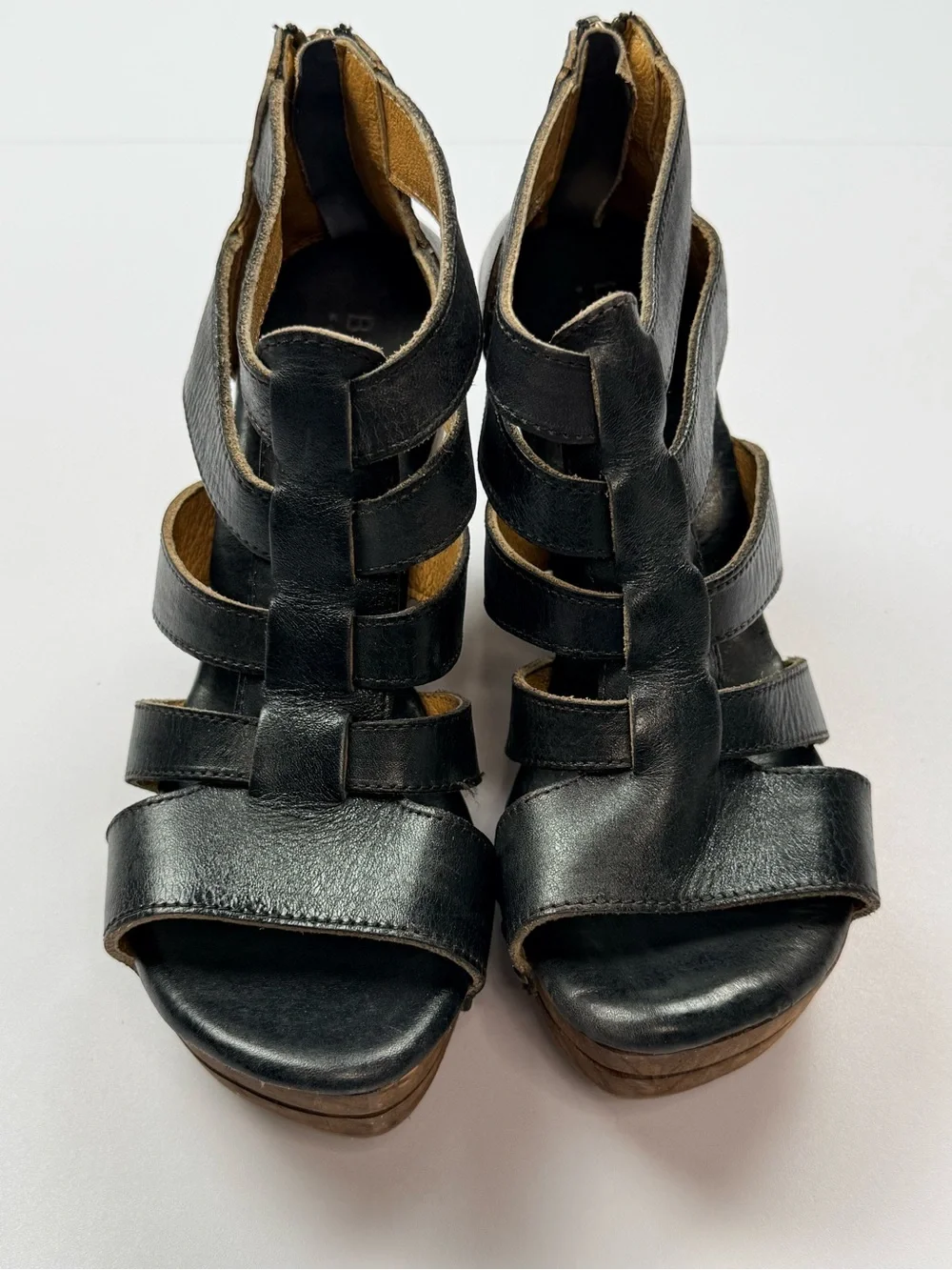 Bed|Stu Black Leather Platform Sandals Wooden Heel Gladiator Size 7 Made Mexico